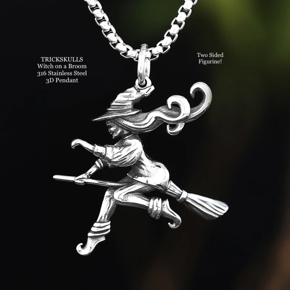 Witch on a Broom Wiccan 316 Stainless Steel 3D Two Sided + 60 cm Round Box Chain